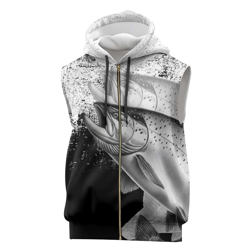Custom Black and White King Salmon Fishing Sleeveless Zip Hoodie with Trout Fish Design Black and White Grunge Style - Wonder Print Shop