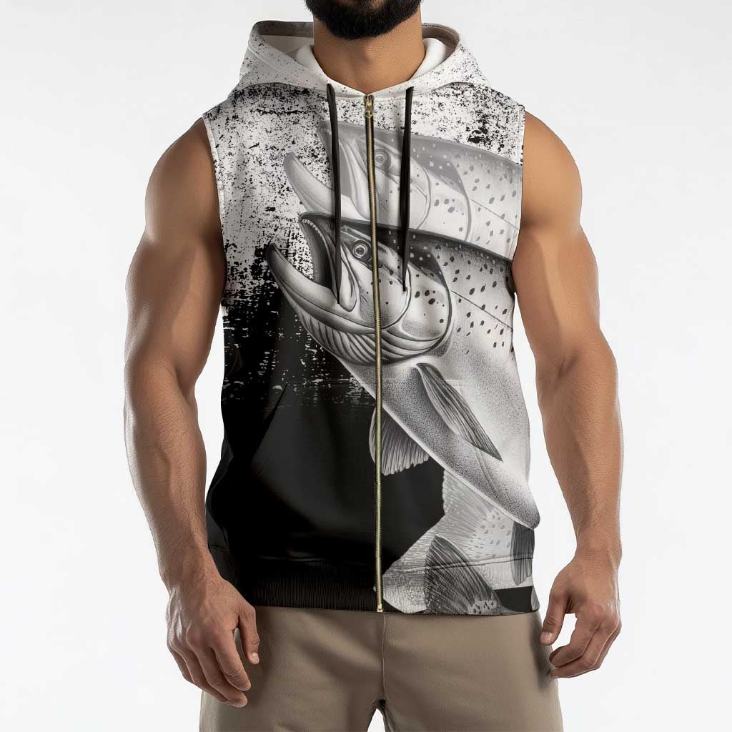 Custom Black and White King Salmon Fishing Sleeveless Zip Hoodie with Trout Fish Design Black and White Grunge Style - Wonder Print Shop