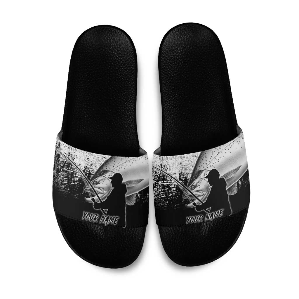 Custom Black and White King Salmon Fishing Slide Sandals with Trout Fish Design Black and White Grunge Style - Wonder Print Shop