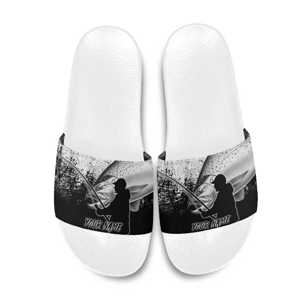 Custom Black and White King Salmon Fishing Slide Sandals with Trout Fish Design Black and White Grunge Style - Wonder Print Shop