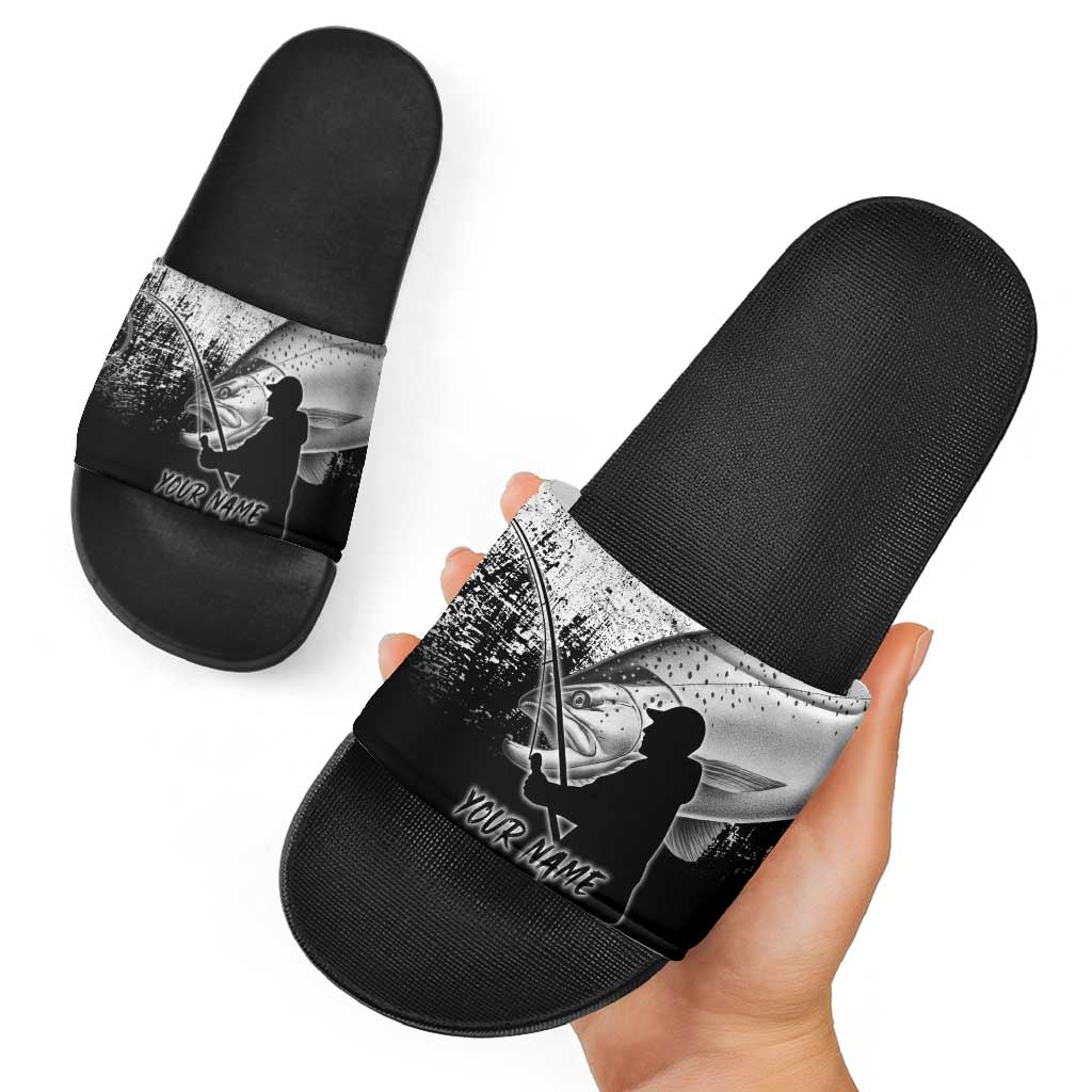 Custom Black and White King Salmon Fishing Slide Sandals with Trout Fish Design Black and White Grunge Style - Wonder Print Shop