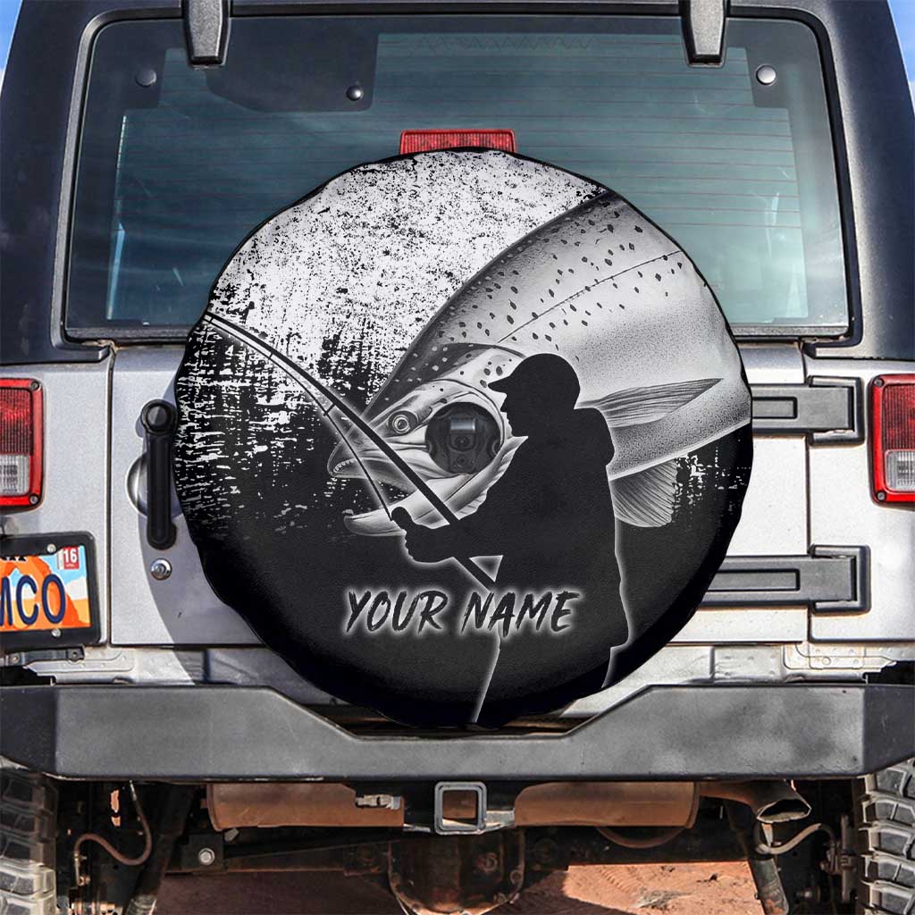 Custom Black and White King Salmon Fishing Spare Tire Cover with Trout Fish Design Black and White Grunge Style - Wonder Print Shop