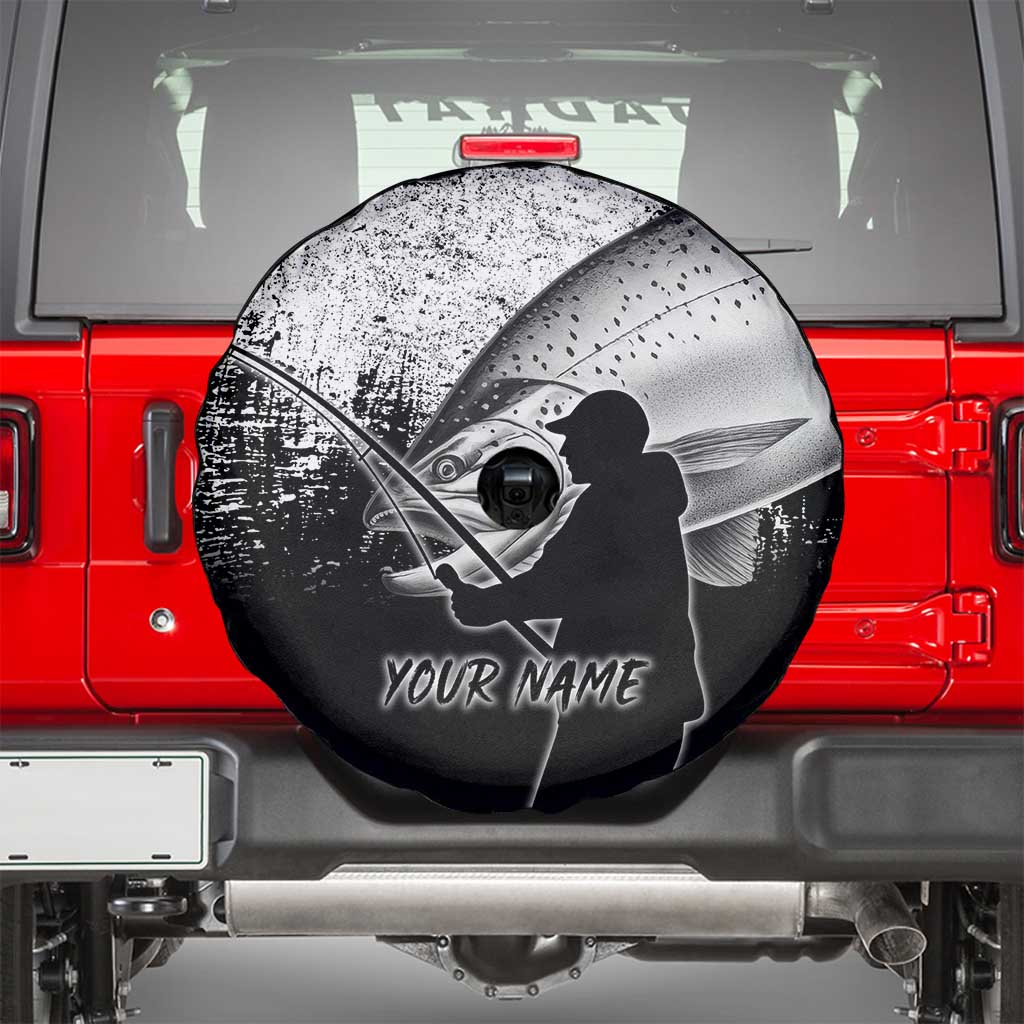 Custom Black and White King Salmon Fishing Spare Tire Cover with Trout Fish Design Black and White Grunge Style - Wonder Print Shop