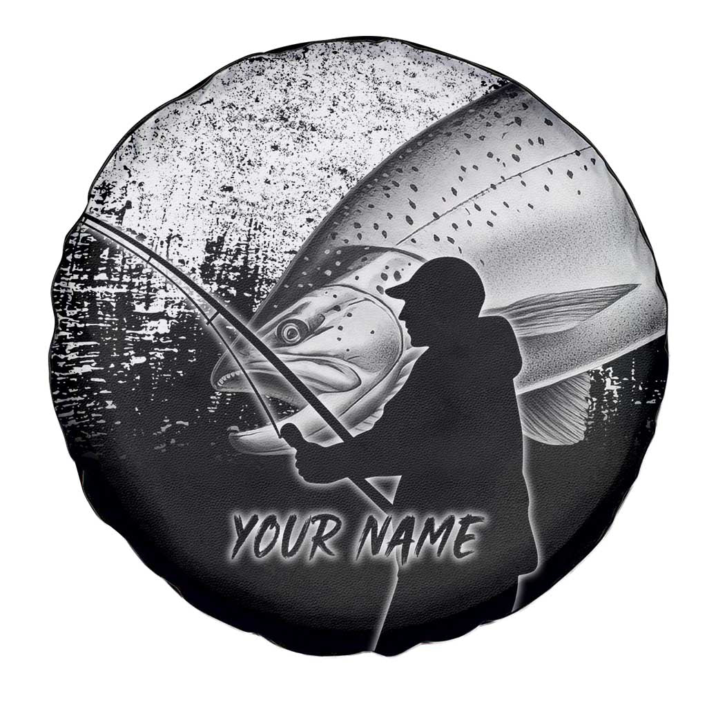 Custom Black and White King Salmon Fishing Spare Tire Cover with Trout Fish Design Black and White Grunge Style - Wonder Print Shop
