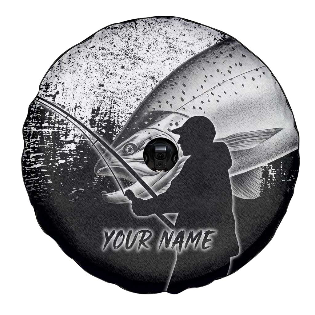 Custom Black and White King Salmon Fishing Spare Tire Cover with Trout Fish Design Black and White Grunge Style - Wonder Print Shop