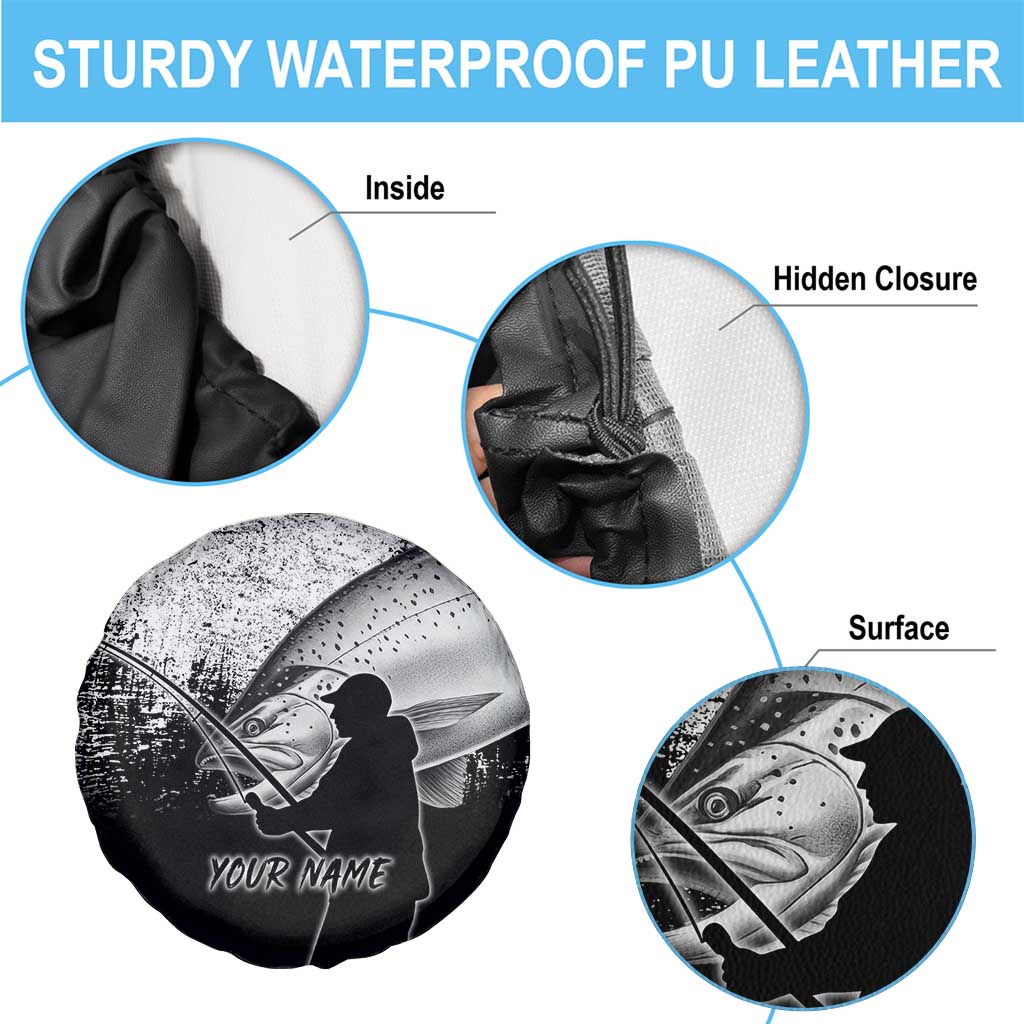 Custom Black and White King Salmon Fishing Spare Tire Cover with Trout Fish Design Black and White Grunge Style - Wonder Print Shop