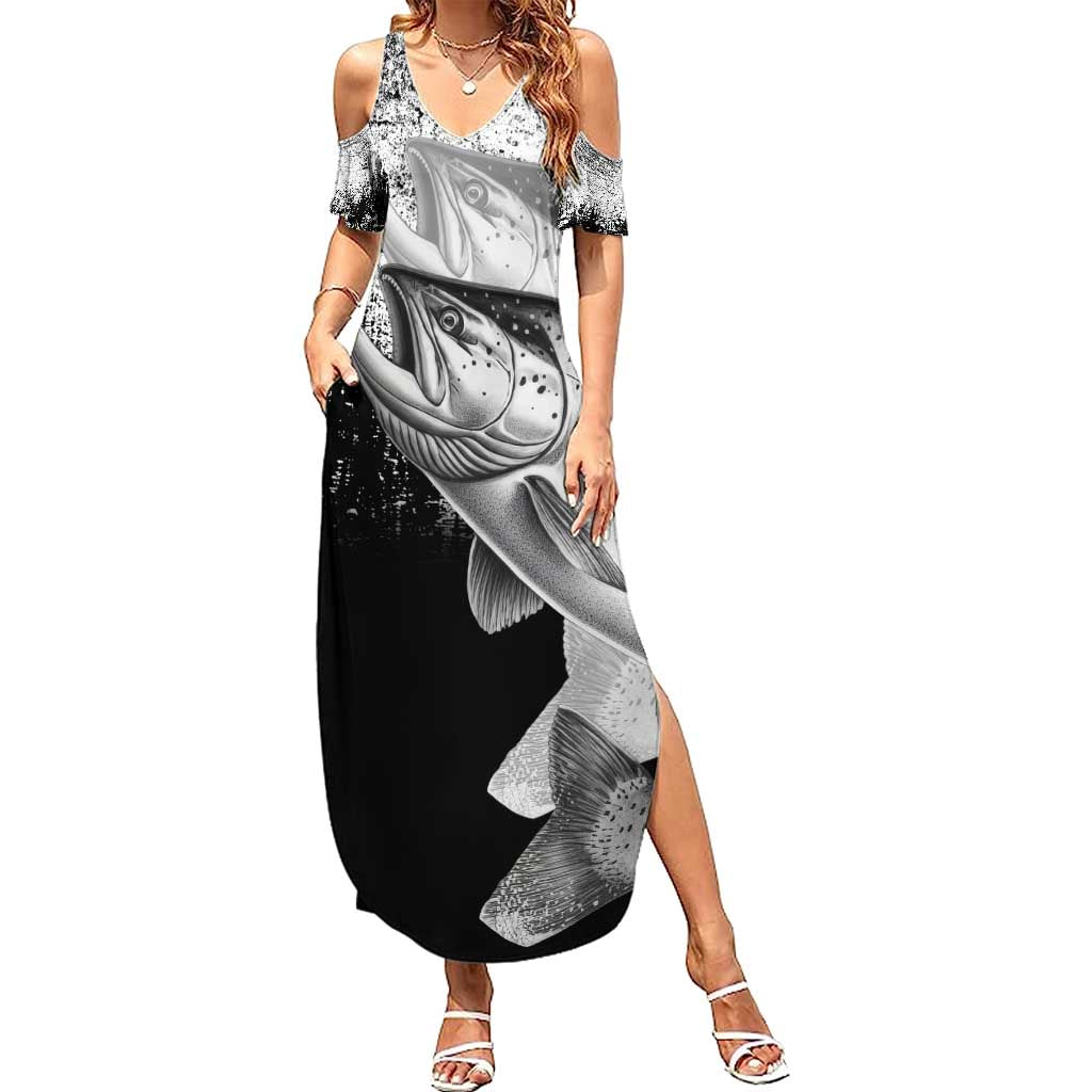Custom Black and White King Salmon Fishing Summer Maxi Dress with Trout Fish Design Black and White Grunge Style - Wonder Print Shop