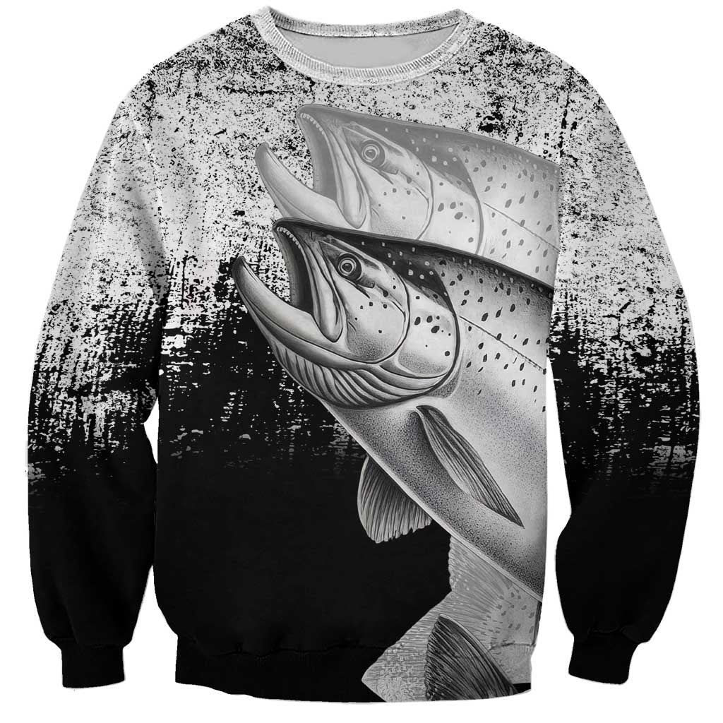 Custom Black and White King Salmon Fishing Sweatshirt with Trout Fish Design Black and White Grunge Style - Wonder Print Shop