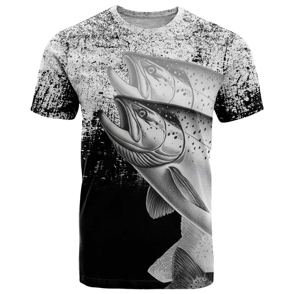 Custom Black and White King Salmon Fishing T Shirt with Trout Fish Design Black and White Grunge Style - Wonder Print Shop