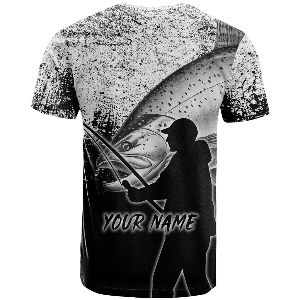 Custom Black and White King Salmon Fishing T Shirt with Trout Fish Design Black and White Grunge Style - Wonder Print Shop