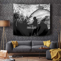 Custom Black and White King Salmon Fishing Tapestry with Trout Fish Design Black and White Grunge Style - Wonder Print Shop