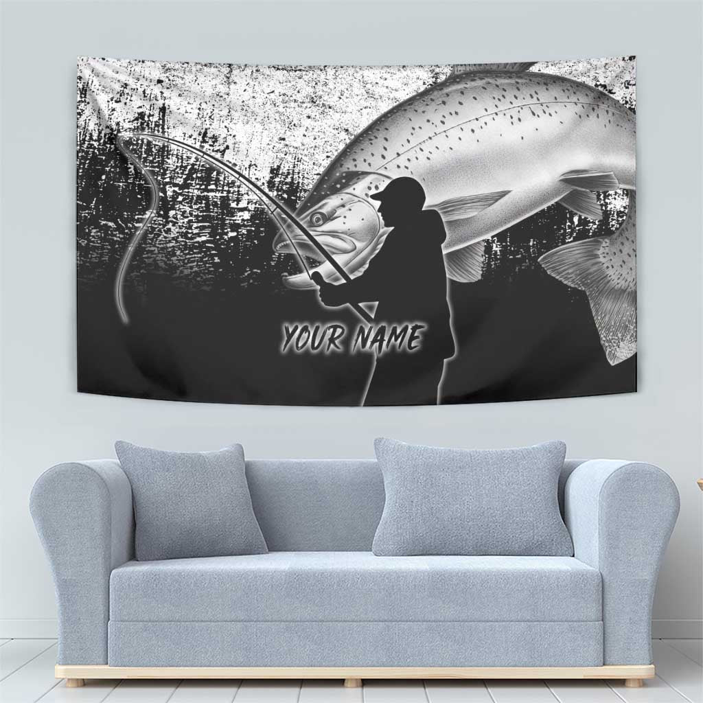 Custom Black and White King Salmon Fishing Tapestry with Trout Fish Design Black and White Grunge Style - Wonder Print Shop