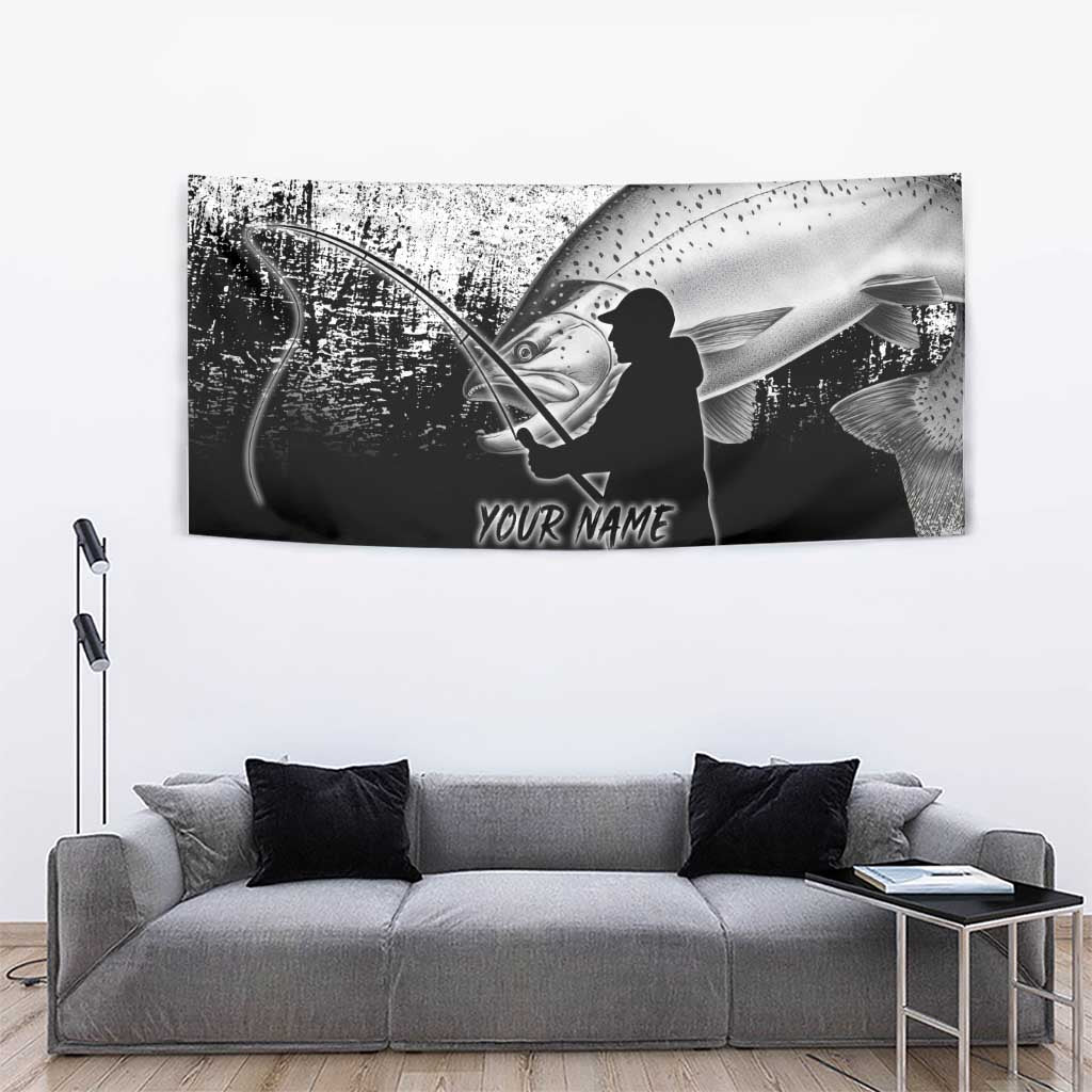Custom Black and White King Salmon Fishing Tapestry with Trout Fish Design Black and White Grunge Style - Wonder Print Shop