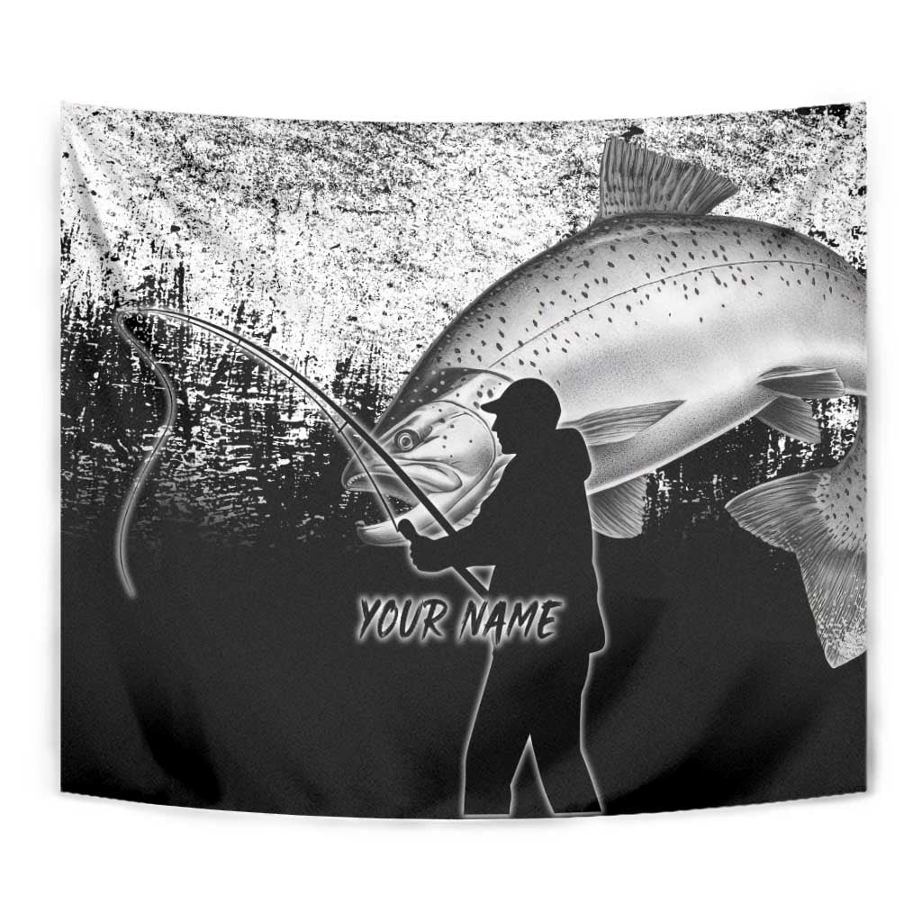 Custom Black and White King Salmon Fishing Tapestry with Trout Fish Design Black and White Grunge Style - Wonder Print Shop