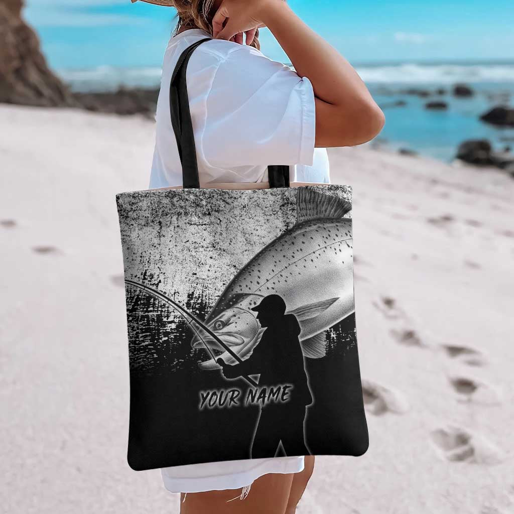 Custom Black and White King Salmon Fishing Tote Bag with Trout Fish Design Black and White Grunge Style - Wonder Print Shop