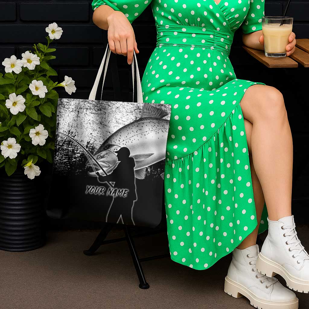 Custom Black and White King Salmon Fishing Tote Bag with Trout Fish Design Black and White Grunge Style - Wonder Print Shop
