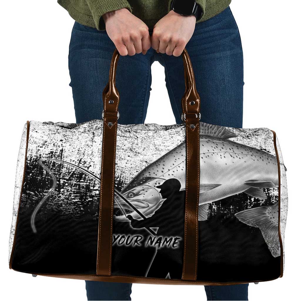 Custom Black and White King Salmon Fishing Travel Bag with Trout Fish Design Black and White Grunge Style - Wonder Print Shop