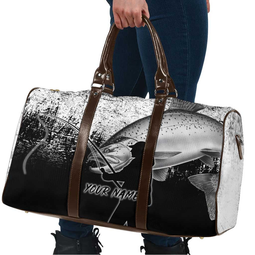 Custom Black and White King Salmon Fishing Travel Bag with Trout Fish Design Black and White Grunge Style - Wonder Print Shop