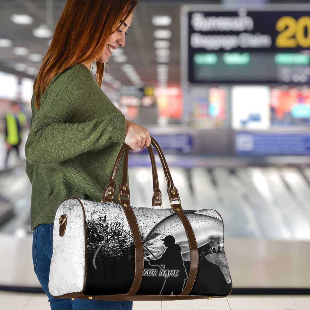 Custom Black and White King Salmon Fishing Travel Bag with Trout Fish Design Black and White Grunge Style - Wonder Print Shop