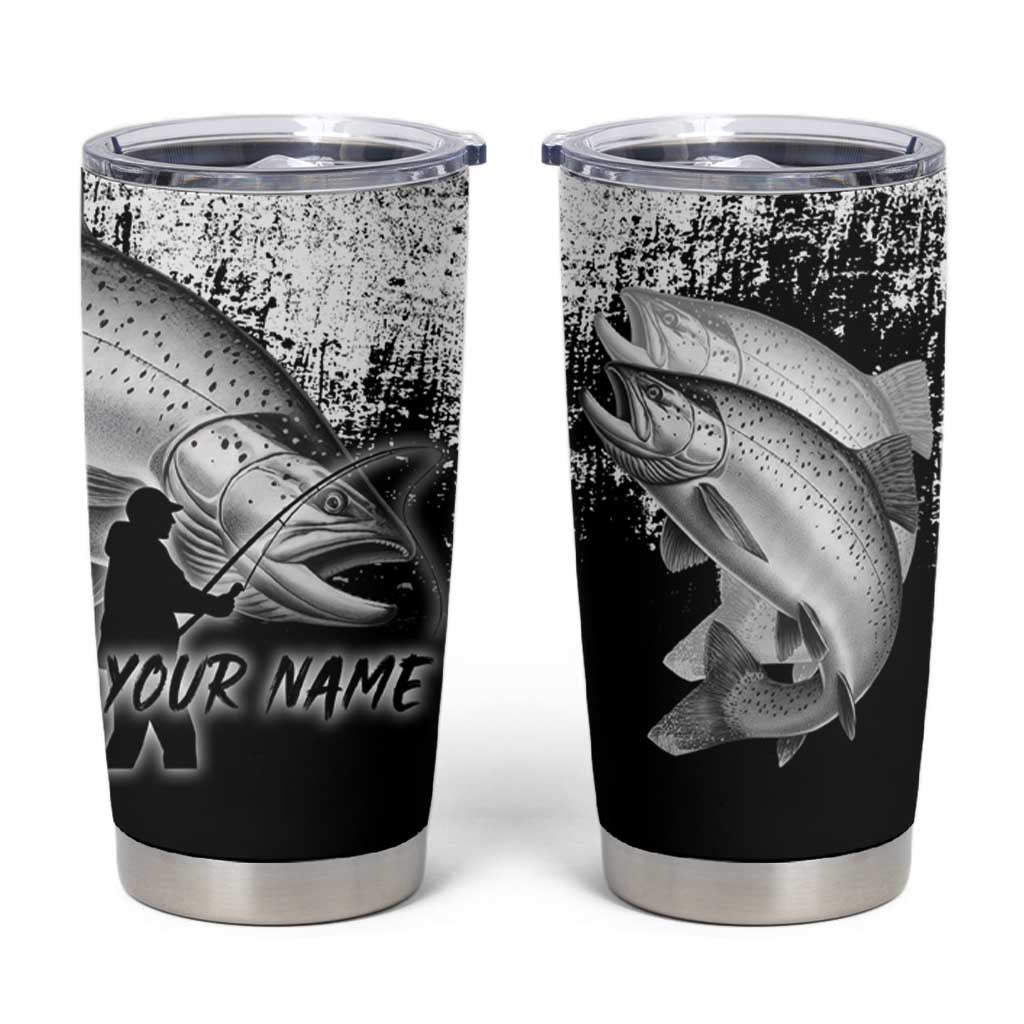 Custom Black and White King Salmon Fishing Tumbler Cup with Trout Fish Design Black and White Grunge Style - Wonder Print Shop