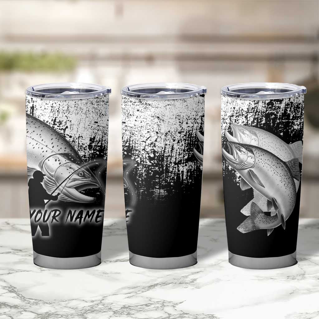 Custom Black and White King Salmon Fishing Tumbler Cup with Trout Fish Design Black and White Grunge Style - Wonder Print Shop