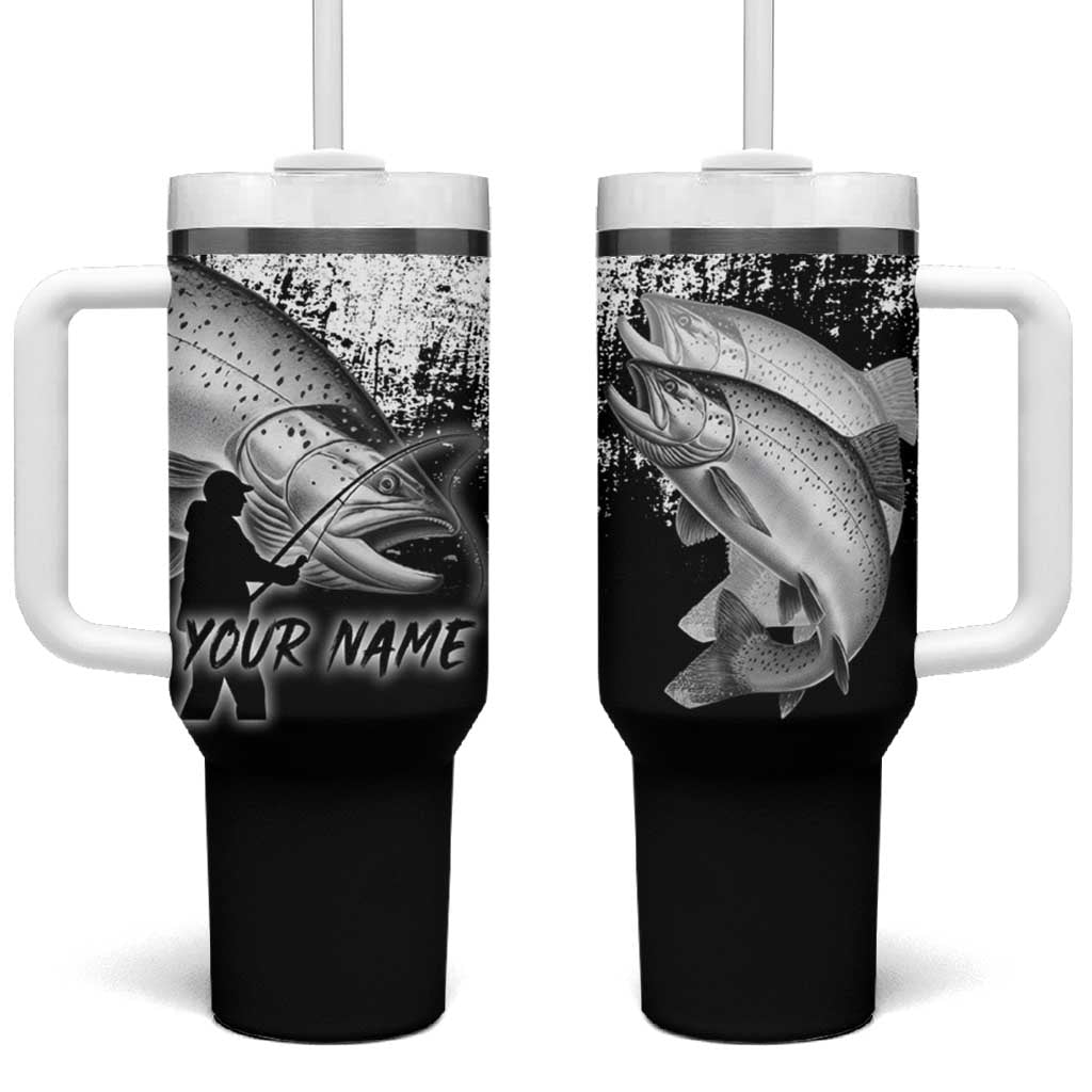 Custom Black and White King Salmon Fishing Tumbler With Handle with Trout Fish Design Black and White Grunge Style - Wonder Print Shop