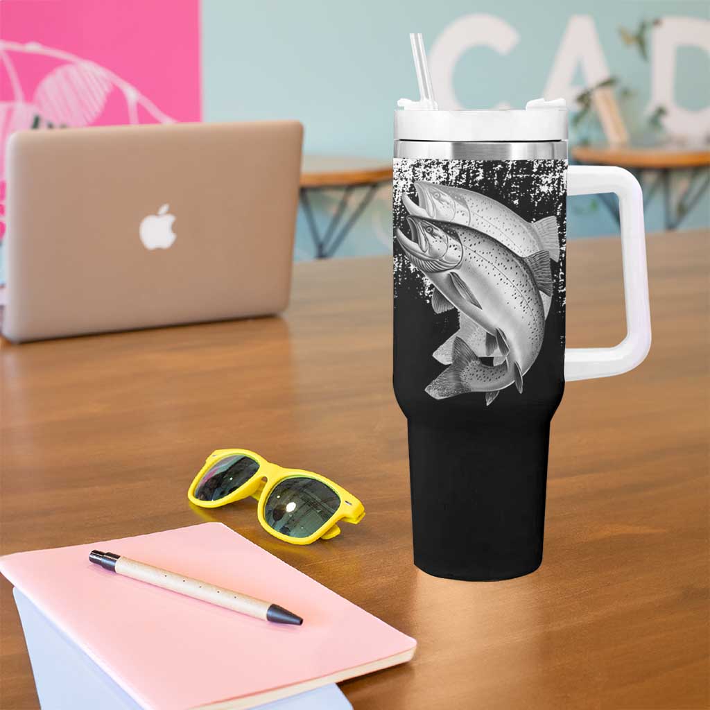 Custom Black and White King Salmon Fishing Tumbler With Handle with Trout Fish Design Black and White Grunge Style - Wonder Print Shop