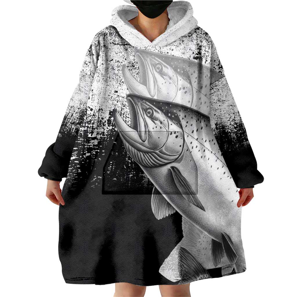 Custom Black and White King Salmon Fishing Wearable Blanket Hoodie with Trout Fish Design Black and White Grunge Style - Wonder Print Shop