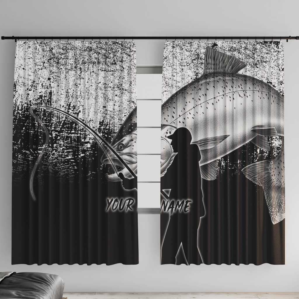 Custom Black and White King Salmon Fishing Window Curtain with Trout Fish Design Black and White Grunge Style - Wonder Print Shop