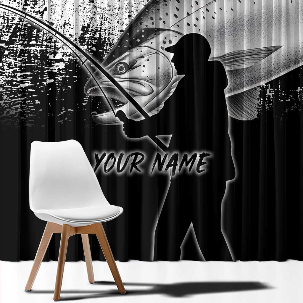 Custom Black and White King Salmon Fishing Window Curtain with Trout Fish Design Black and White Grunge Style - Wonder Print Shop