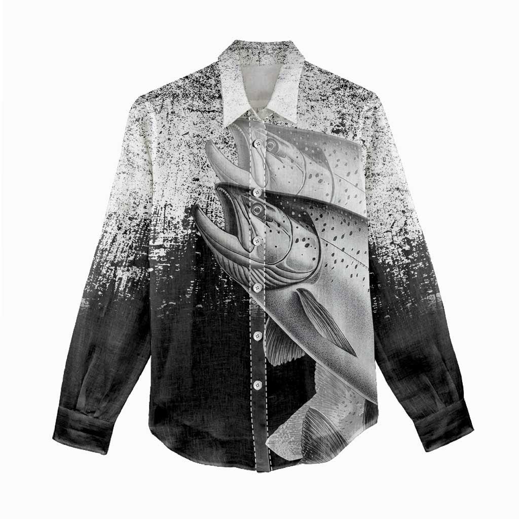 Custom Black and White King Salmon Fishing Women Casual Shirt with Trout Fish Design Black and White Grunge Style - Wonder Print Shop