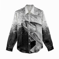 Custom Black and White King Salmon Fishing Women Casual Shirt with Trout Fish Design Black and White Grunge Style - Wonder Print Shop