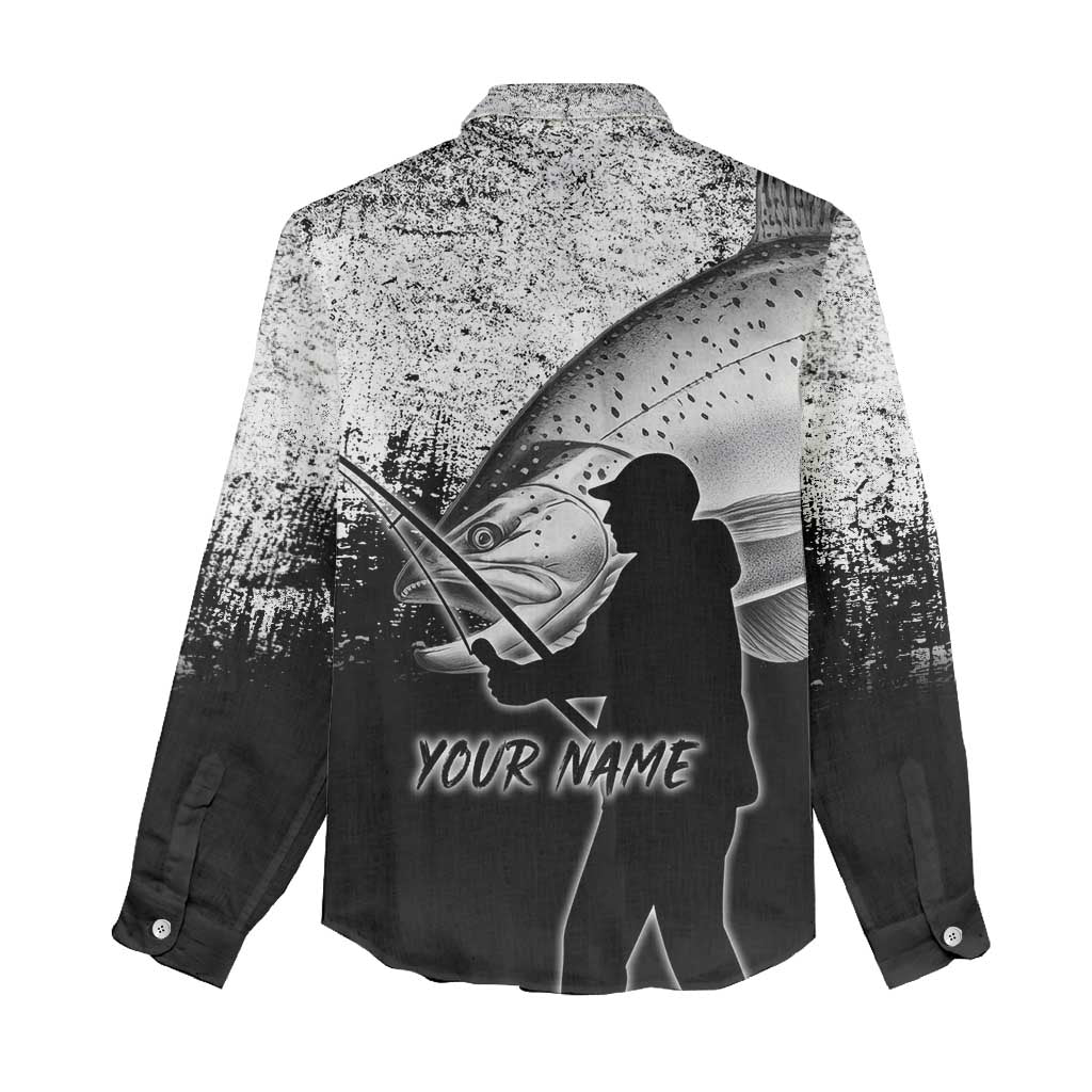 Custom Black and White King Salmon Fishing Women Casual Shirt with Trout Fish Design Black and White Grunge Style - Wonder Print Shop