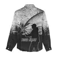 Custom Black and White King Salmon Fishing Women Casual Shirt with Trout Fish Design Black and White Grunge Style - Wonder Print Shop
