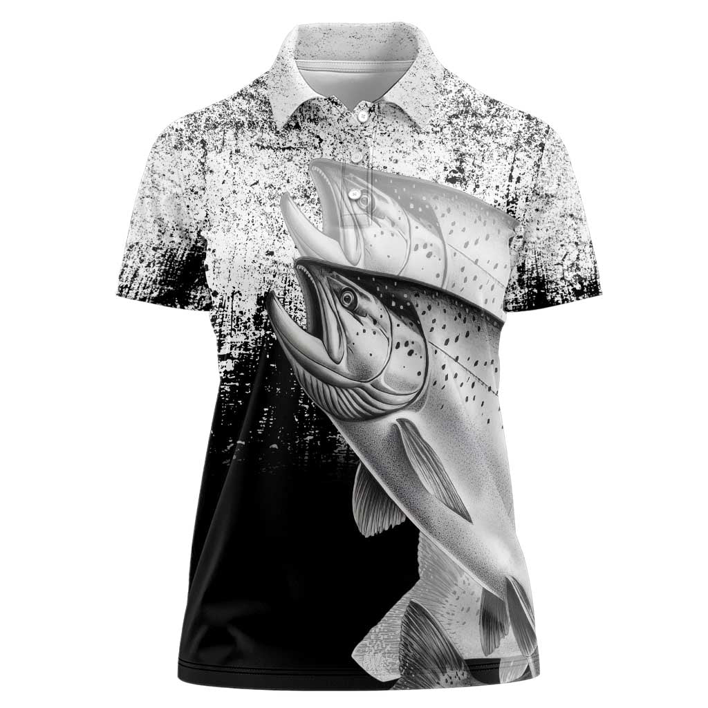 Custom Black and White King Salmon Fishing Women Polo Shirt with Trout Fish Design Black and White Grunge Style - Wonder Print Shop