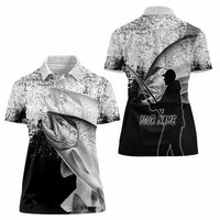 Custom Black and White King Salmon Fishing Women Polo Shirt with Trout Fish Design Black and White Grunge Style - Wonder Print Shop