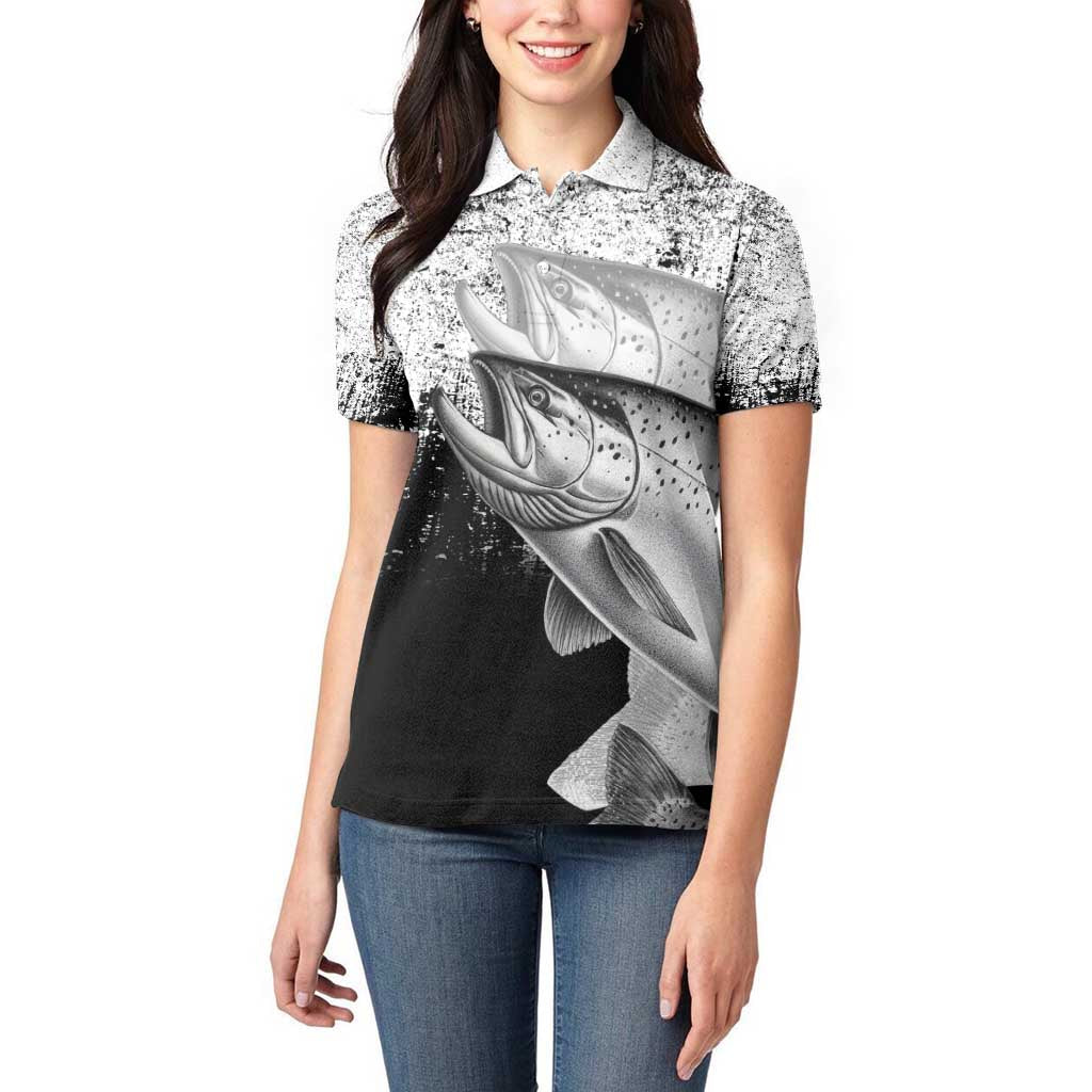 Custom Black and White King Salmon Fishing Women Polo Shirt with Trout Fish Design Black and White Grunge Style - Wonder Print Shop