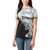 Custom Black and White King Salmon Fishing Women Polo Shirt with Trout Fish Design Black and White Grunge Style - Wonder Print Shop