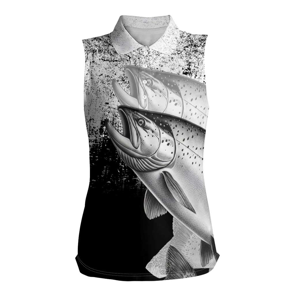 Custom Black and White King Salmon Fishing Women Sleeveless Polo Shirt with Trout Fish Design Black and White Grunge Style - Wonder Print Shop