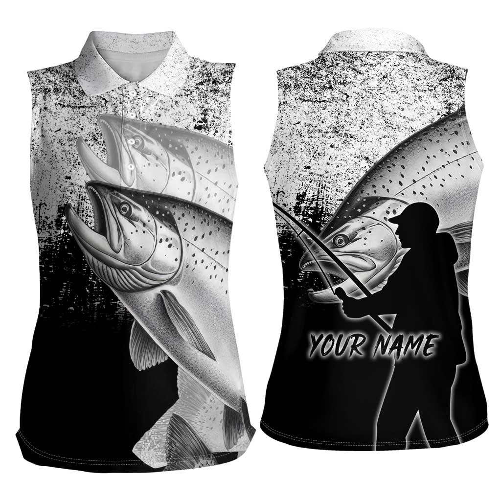 Custom Black and White King Salmon Fishing Women Sleeveless Polo Shirt with Trout Fish Design Black and White Grunge Style - Wonder Print Shop
