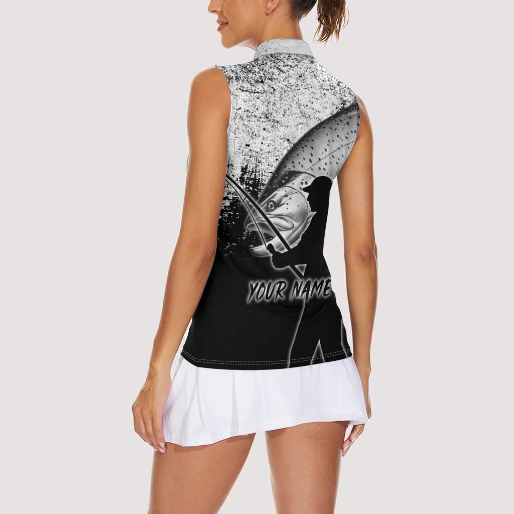 Custom Black and White King Salmon Fishing Women Sleeveless Polo Shirt with Trout Fish Design Black and White Grunge Style - Wonder Print Shop