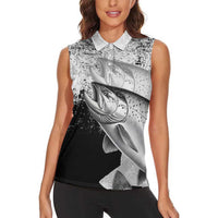 Custom Black and White King Salmon Fishing Women Sleeveless Polo Shirt with Trout Fish Design Black and White Grunge Style - Wonder Print Shop