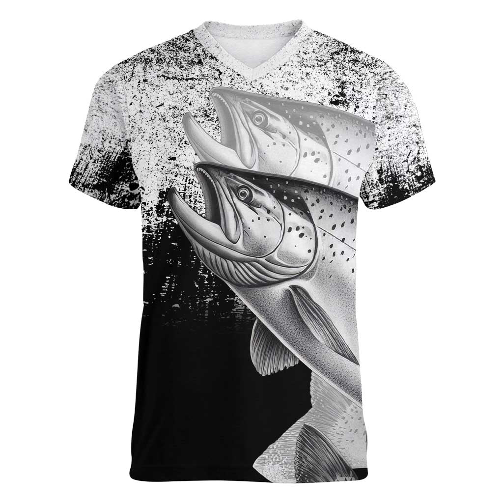 Custom Black and White King Salmon Fishing Women V-Neck T-Shirt with Trout Fish Design Black and White Grunge Style - Wonder Print Shop
