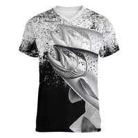 Custom Black and White King Salmon Fishing Women V-Neck T-Shirt with Trout Fish Design Black and White Grunge Style - Wonder Print Shop