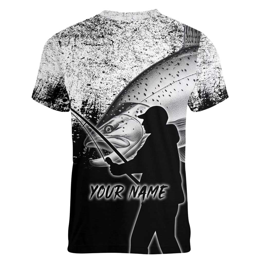 Custom Black and White King Salmon Fishing Women V-Neck T-Shirt with Trout Fish Design Black and White Grunge Style - Wonder Print Shop