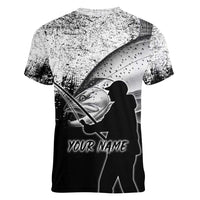 Custom Black and White King Salmon Fishing Women V-Neck T-Shirt with Trout Fish Design Black and White Grunge Style - Wonder Print Shop
