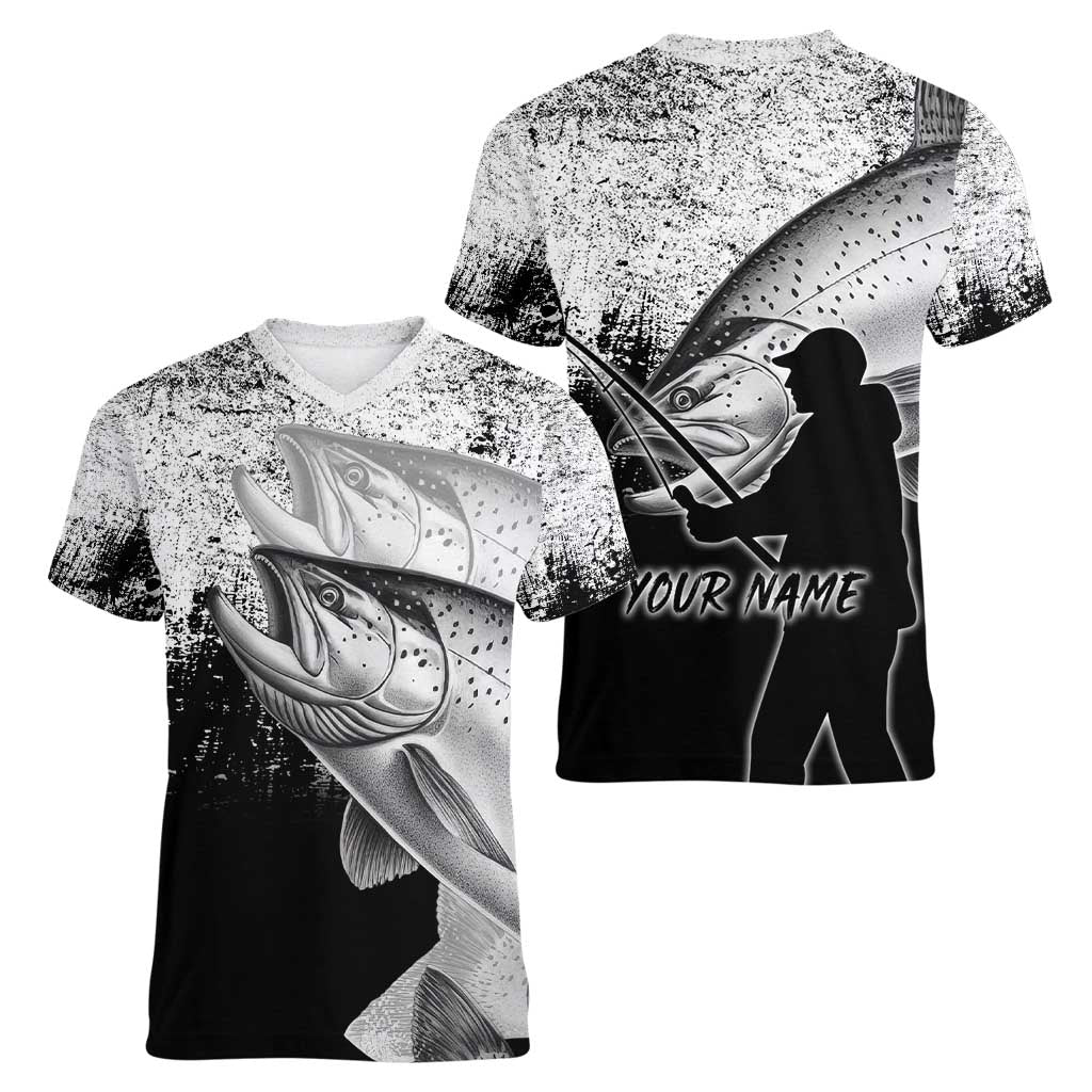 Custom Black and White King Salmon Fishing Women V-Neck T-Shirt with Trout Fish Design Black and White Grunge Style - Wonder Print Shop
