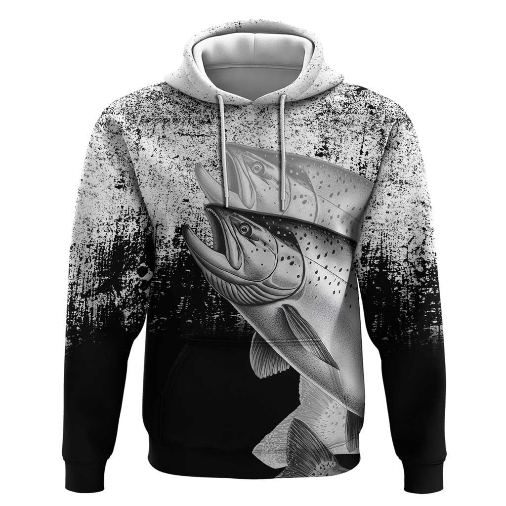Custom Black and White King Salmon Fishing Zip Hoodie with Trout Fish Design Black and White Grunge Style - Wonder Print Shop