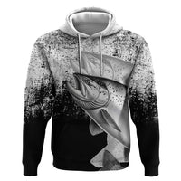 Custom Black and White King Salmon Fishing Zip Hoodie with Trout Fish Design Black and White Grunge Style - Wonder Print Shop