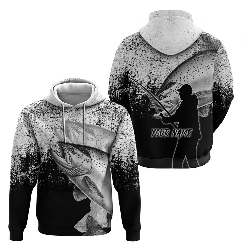 Custom Black and White King Salmon Fishing Zip Hoodie with Trout Fish Design Black and White Grunge Style - Wonder Print Shop